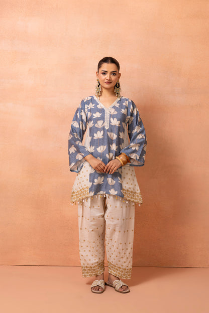 Blue And Cream Floral Printed and Embroidered Farshi Salwar Set