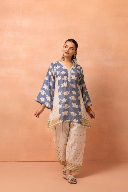 Blue And Cream Floral Printed and Embroidered Farshi Salwar Set