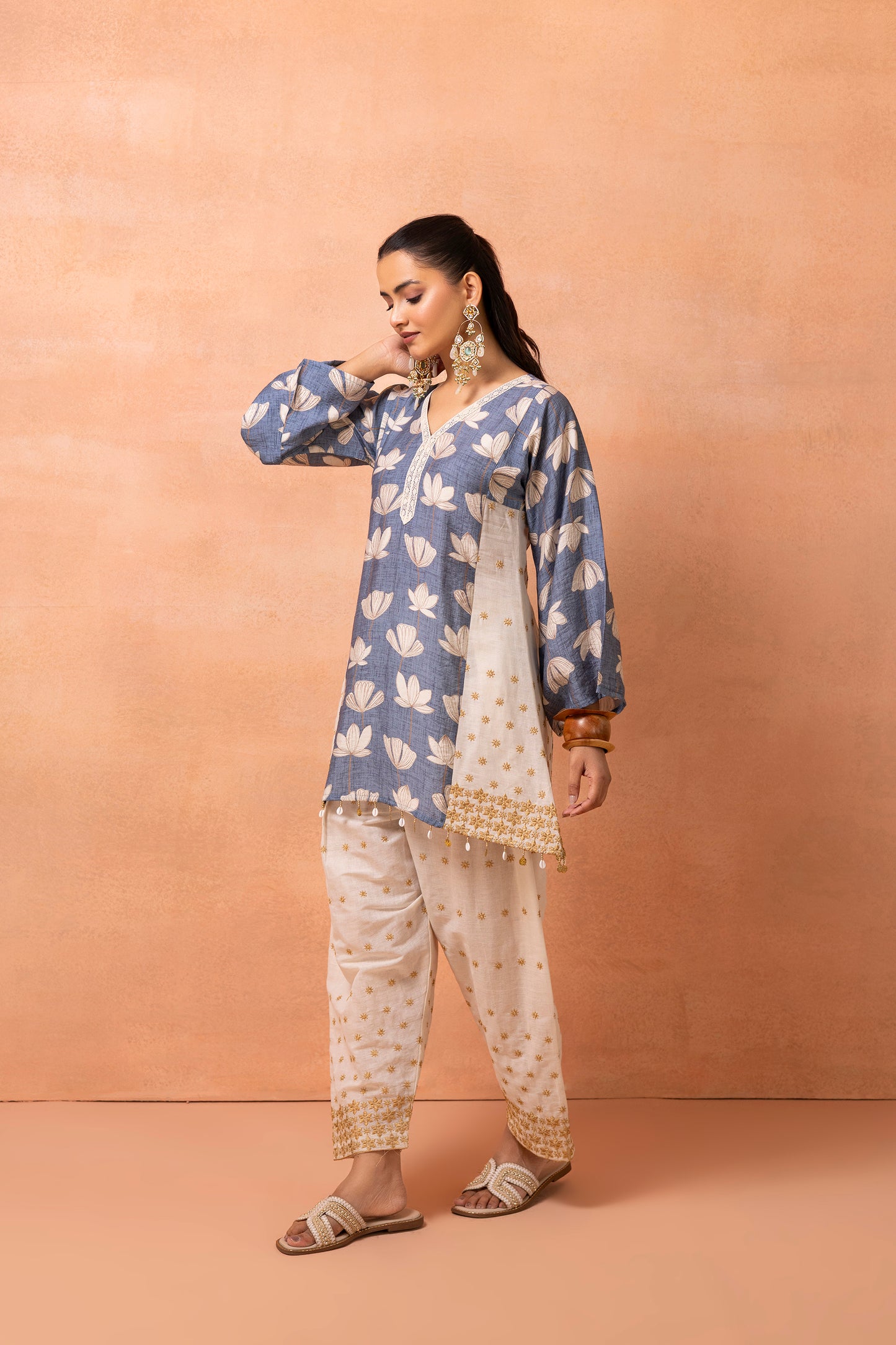 Blue And Cream Floral Printed and Embroidered Farshi Salwar Set