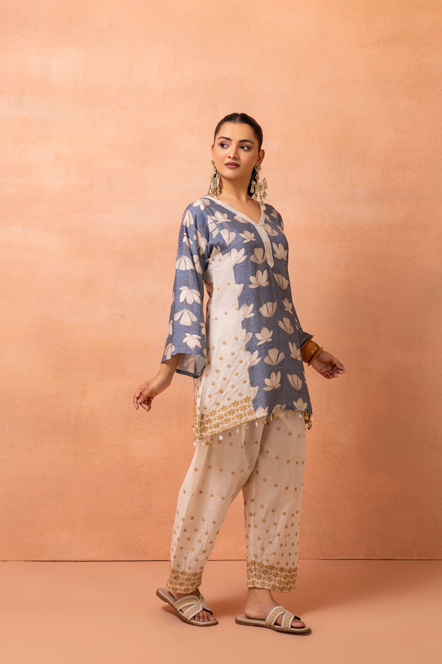 Blue And Cream Floral Printed and Embroidered Farshi Salwar Set