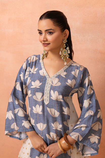 Blue And Cream Floral Printed and Embroidered Farshi Salwar Set