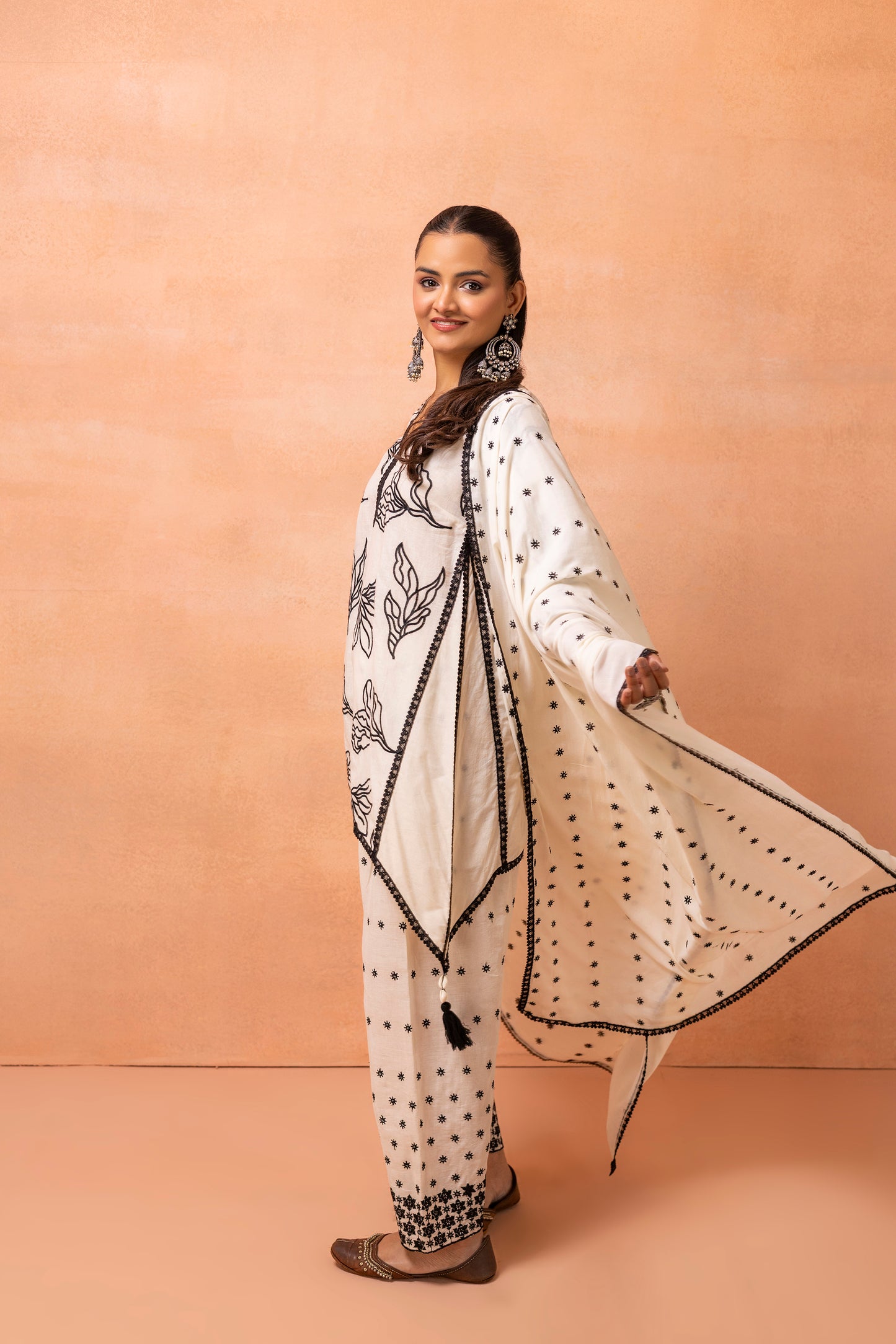 Cream And Black Embroidered Farshi Salwar Suit Set