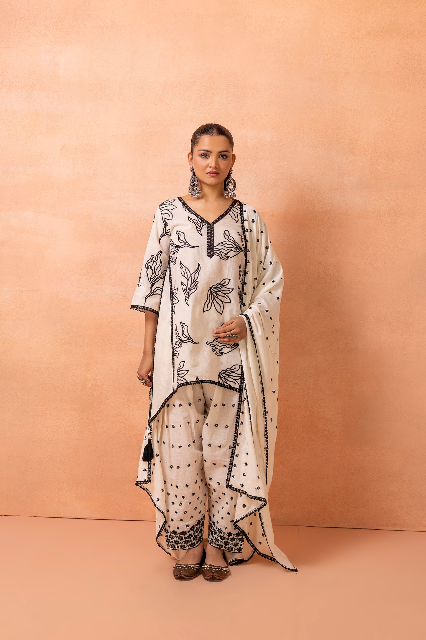 Cream And Black Embroidered Farshi Salwar Suit Set