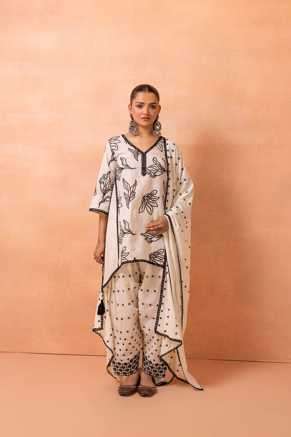 Cream And Black Embroidered Farshi Salwar Suit Set