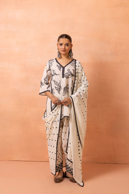 Cream And Black Embroidered Farshi Salwar Suit Set