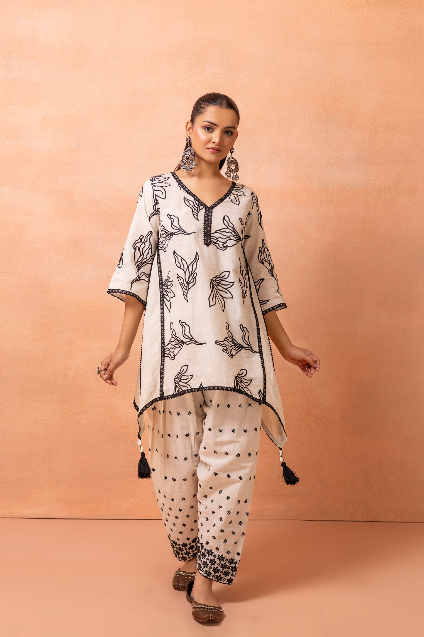 Cream And Black Embroidered Kurta Set