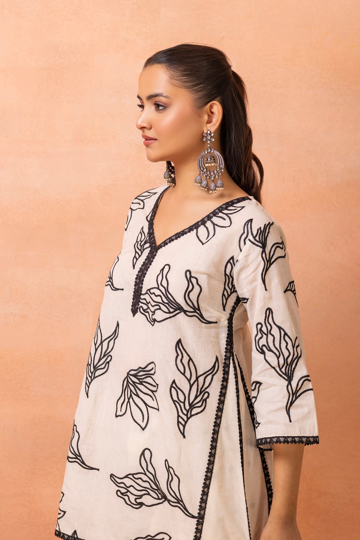 Cream And Black Embroidered Kurta Set