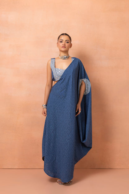 Denim Sequence Fusion Saree Dress