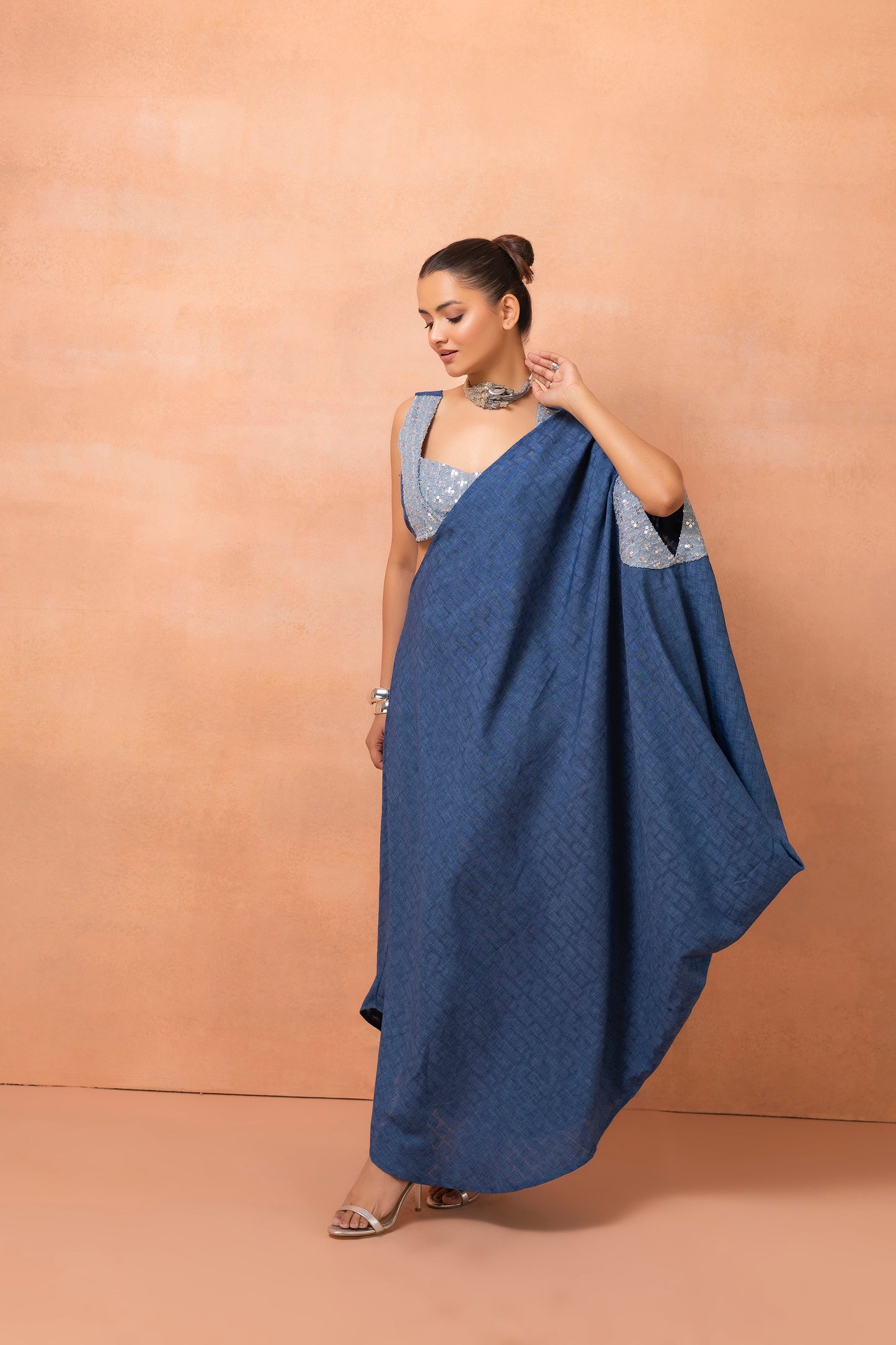 Denim Sequence Fusion Saree Dress