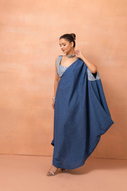 Denim Sequence Fusion Saree Dress