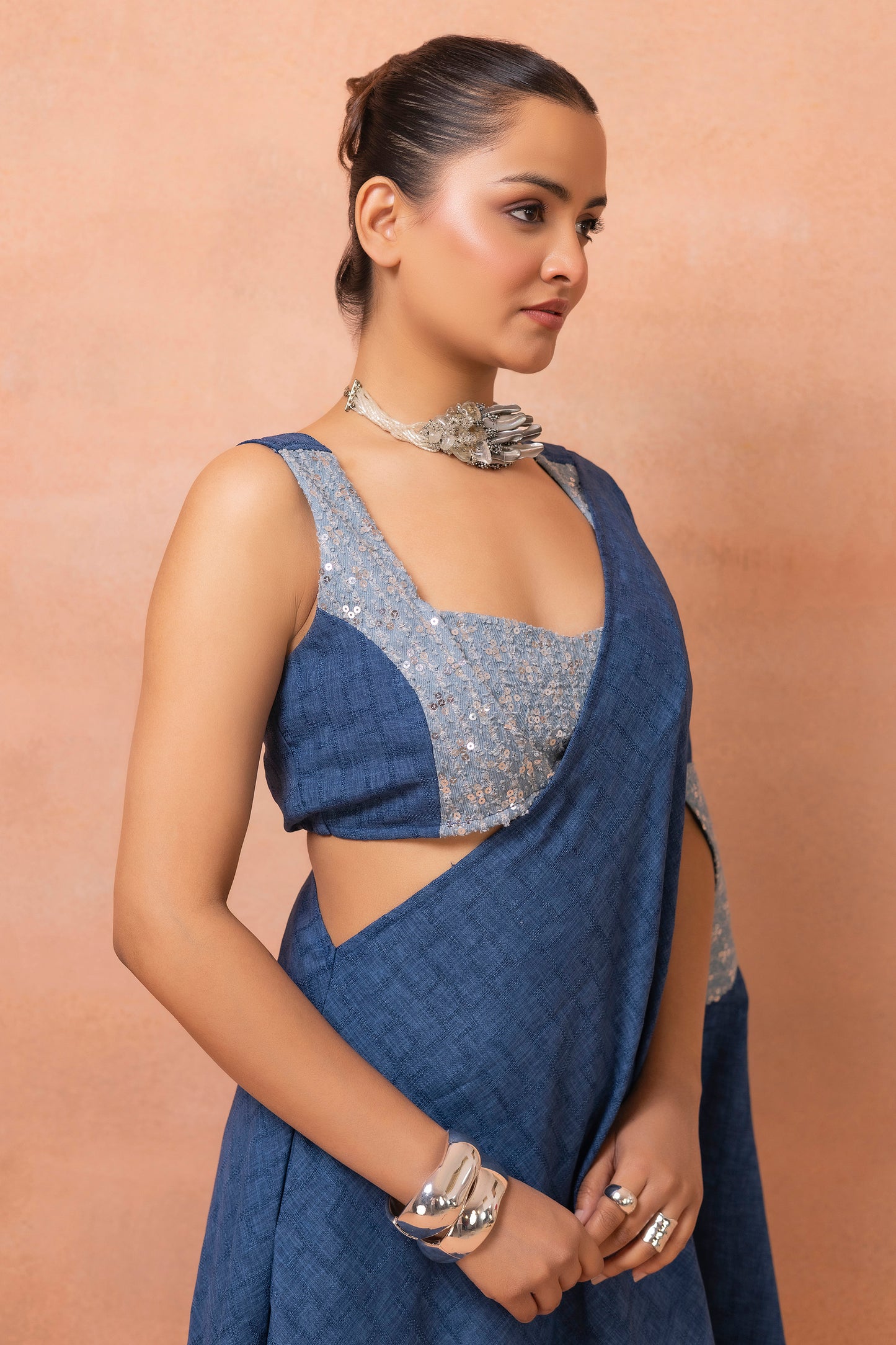 Denim Sequence Fusion Saree Dress