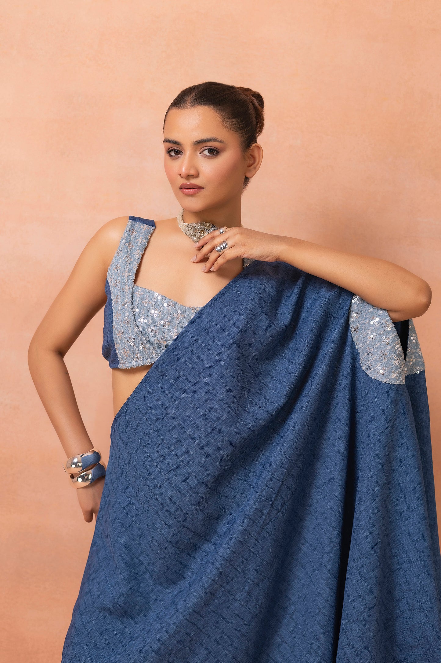Denim Sequence Fusion Saree Dress