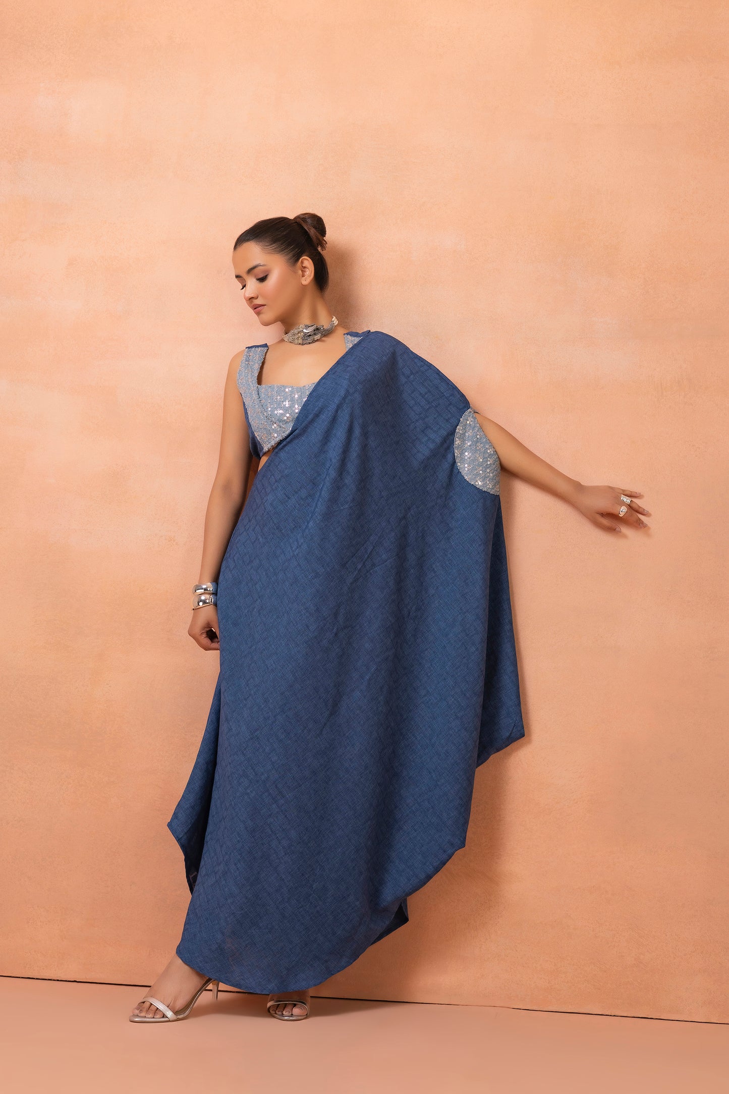 Denim Sequence Fusion Saree Dress