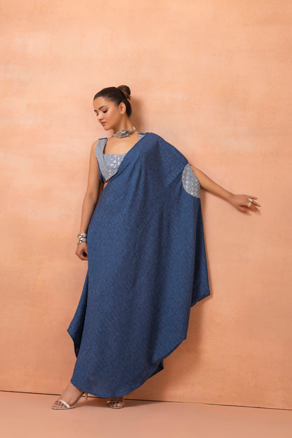Denim Sequence Fusion Saree Dress