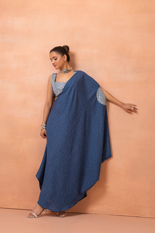 Denim Sequence Fusion Saree Dress