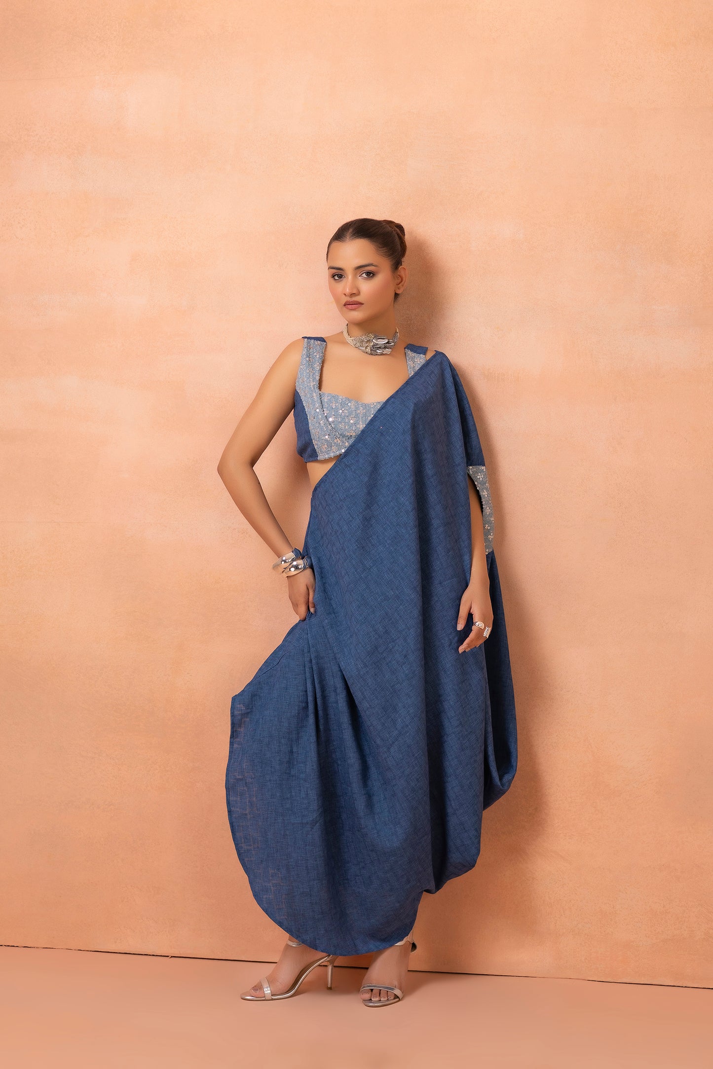 Denim Sequence Fusion Saree Dress