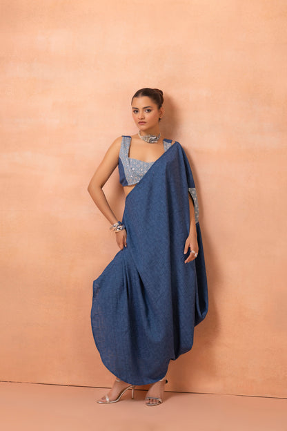 Denim Sequence Fusion Saree Dress