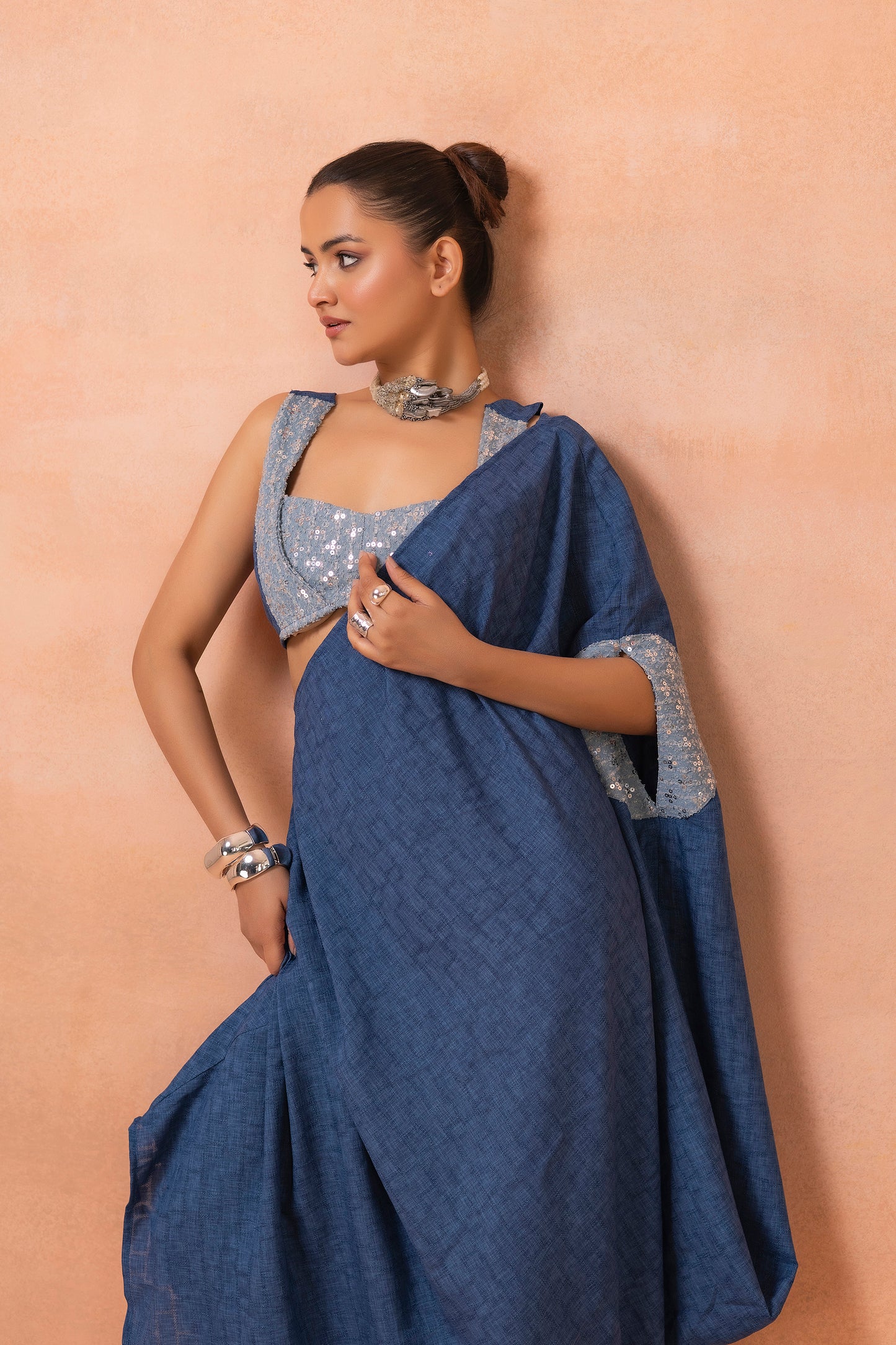 Denim Sequence Fusion Saree Dress