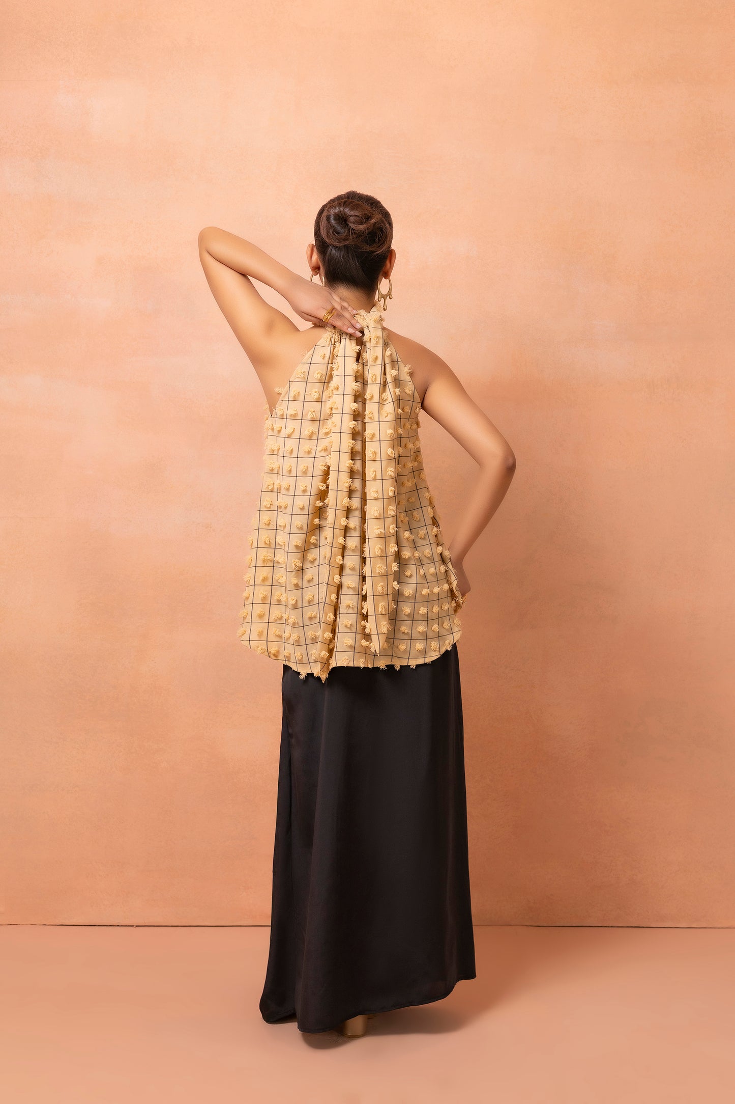 Beige And Black Checks Top And Drape Skirt Set