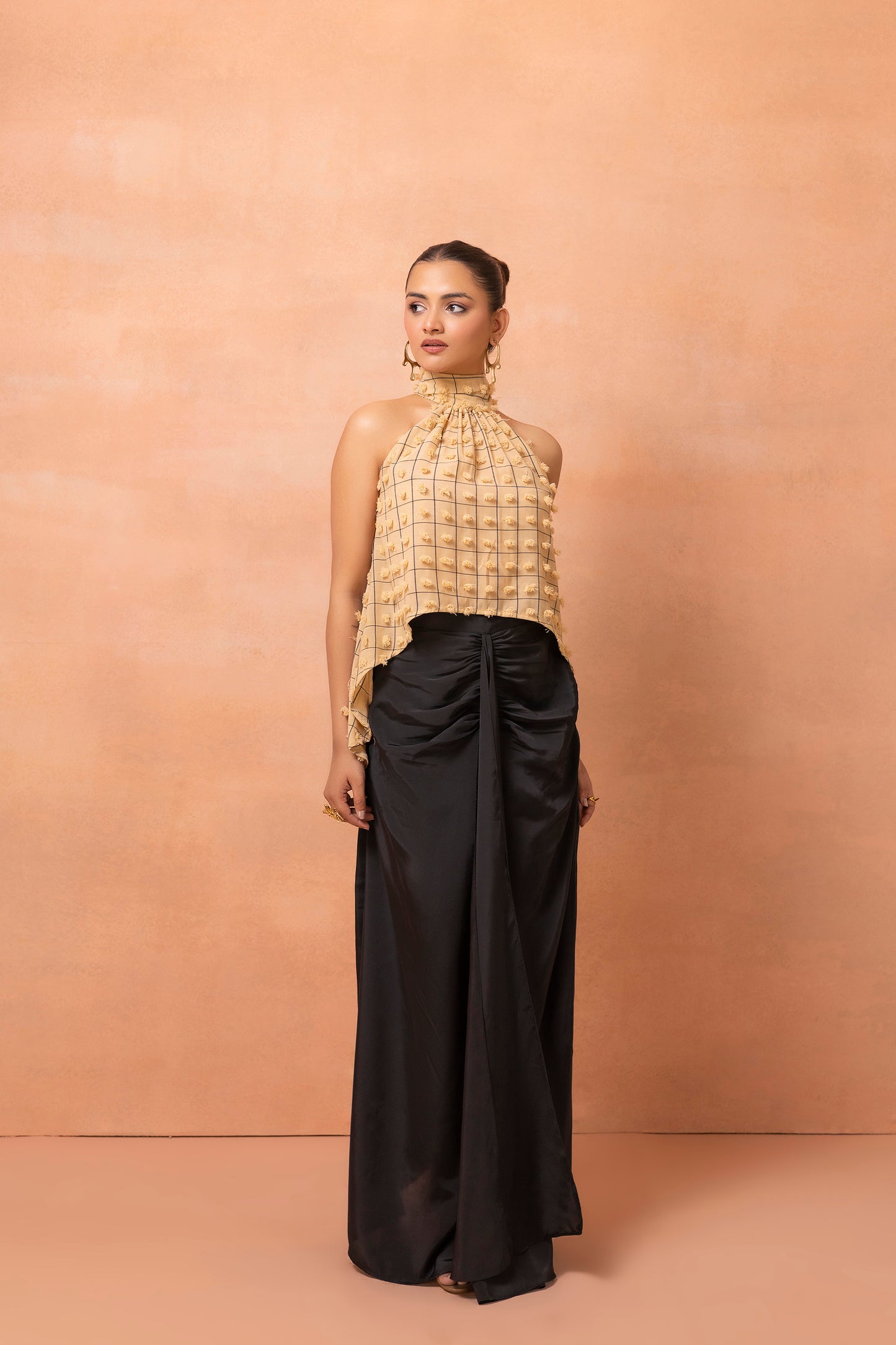 Beige And Black Checks Top And Drape Skirt Set