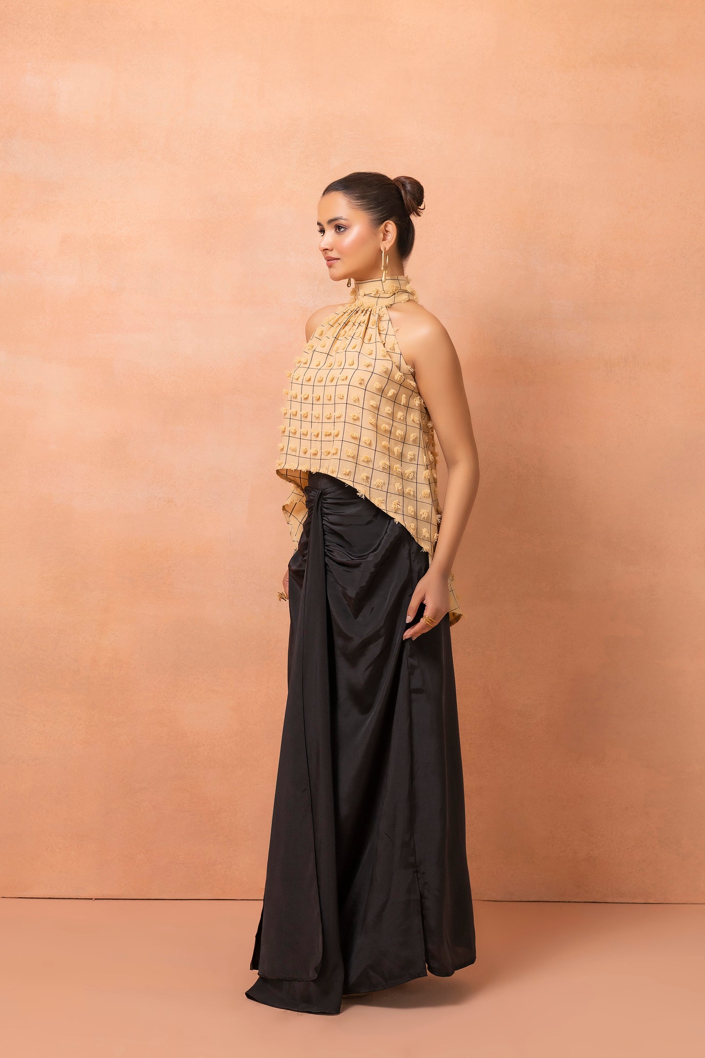 Beige And Black Checks Top And Drape Skirt Set