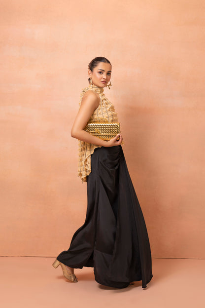 Beige And Black Checks Top And Drape Skirt Set