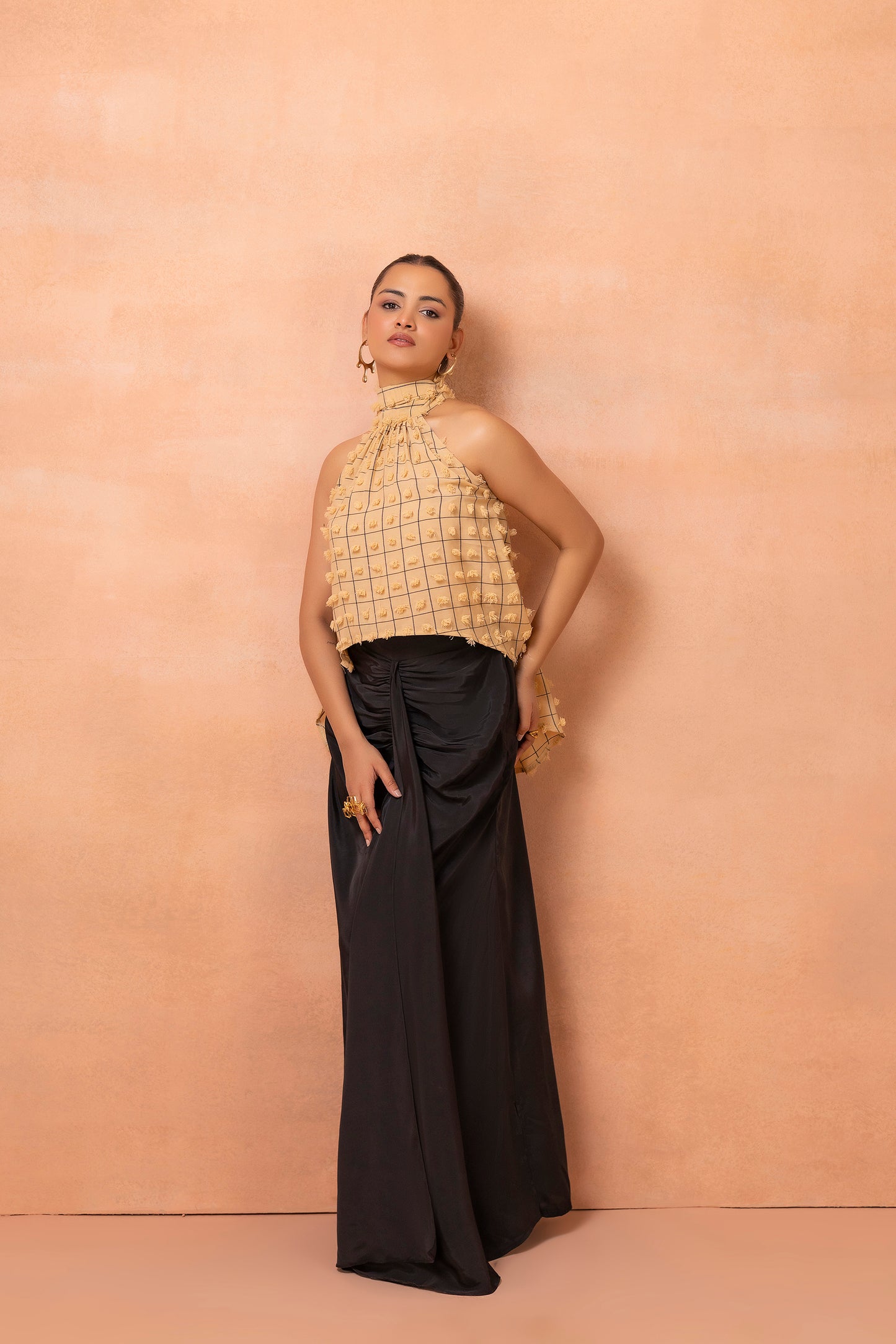Beige And Black Checks Top And Drape Skirt Set