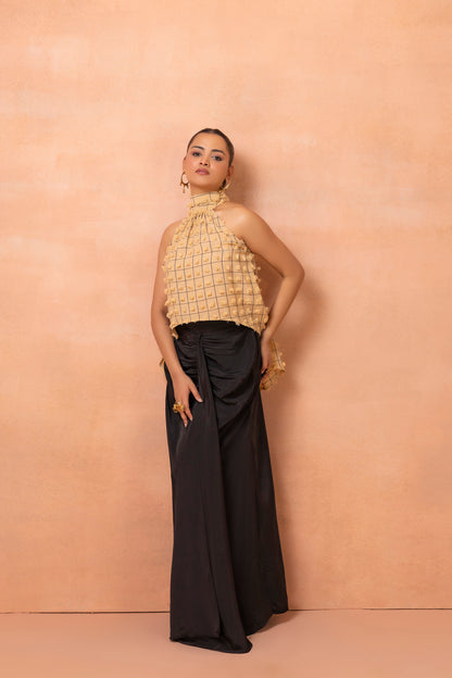 Beige And Black Checks Top And Drape Skirt Set