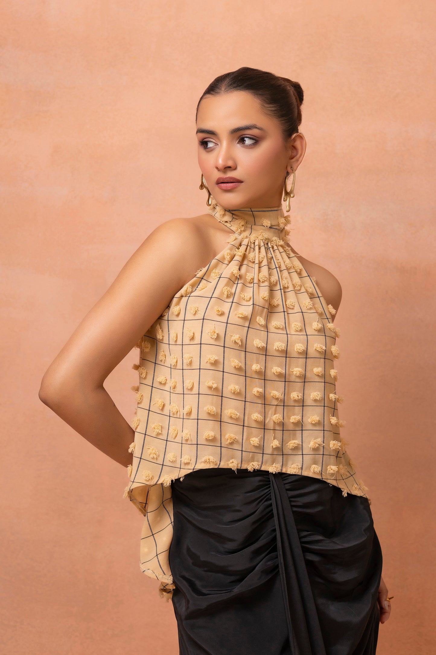 Beige And Black Checks Top And Drape Skirt Set