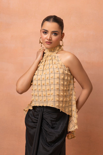 Beige And Black Checks Top And Drape Skirt Set