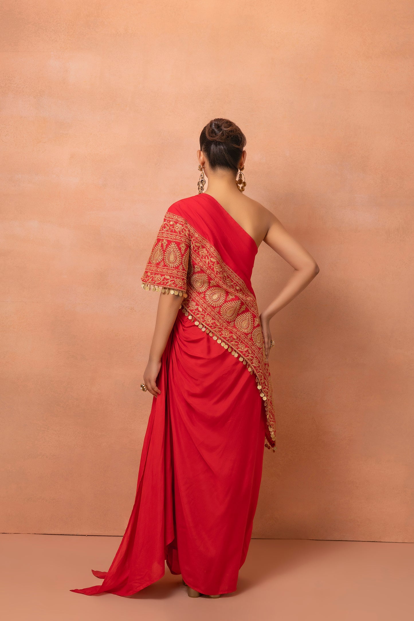 Red Embroidered Kaftan And Skirt Set