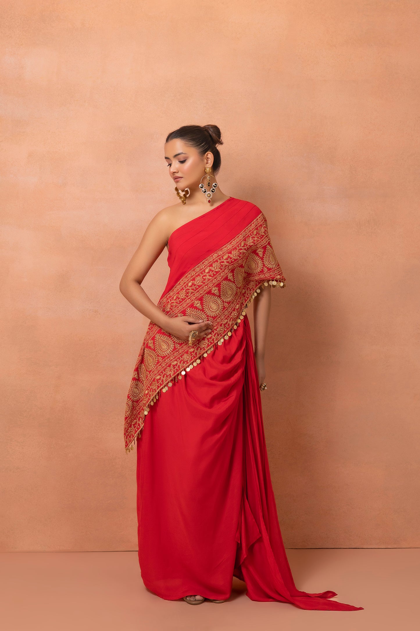 Red Embroidered Kaftan And Skirt Set