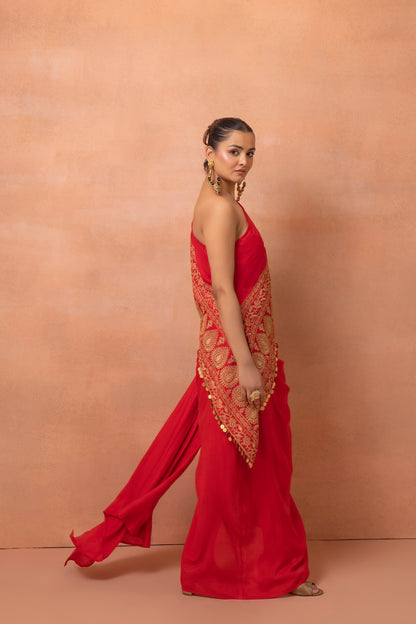 Red Embroidered Kaftan And Skirt Set