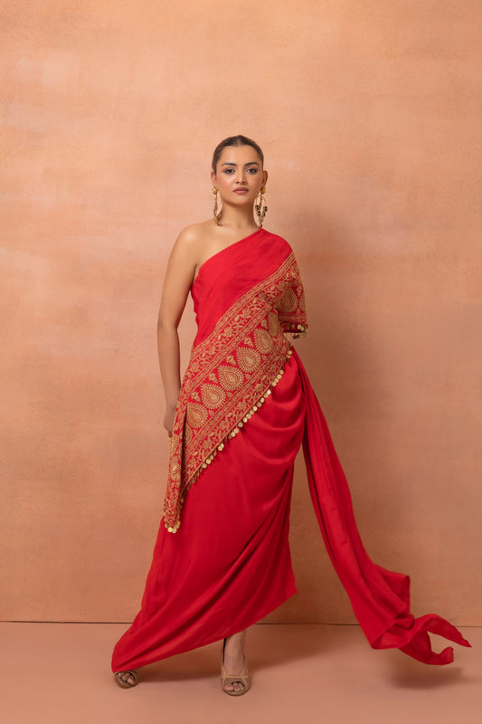 Red Embroidered Kaftan And Skirt Set