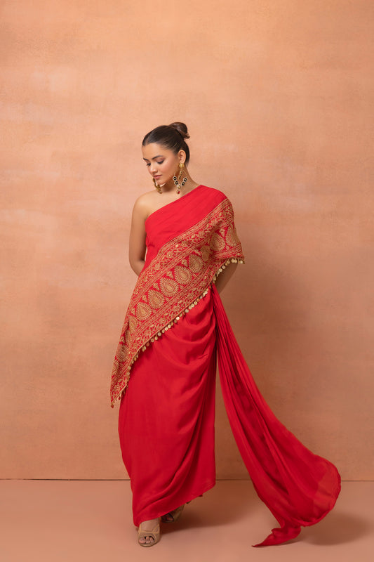 Red Embroidered Kaftan And Skirt Set