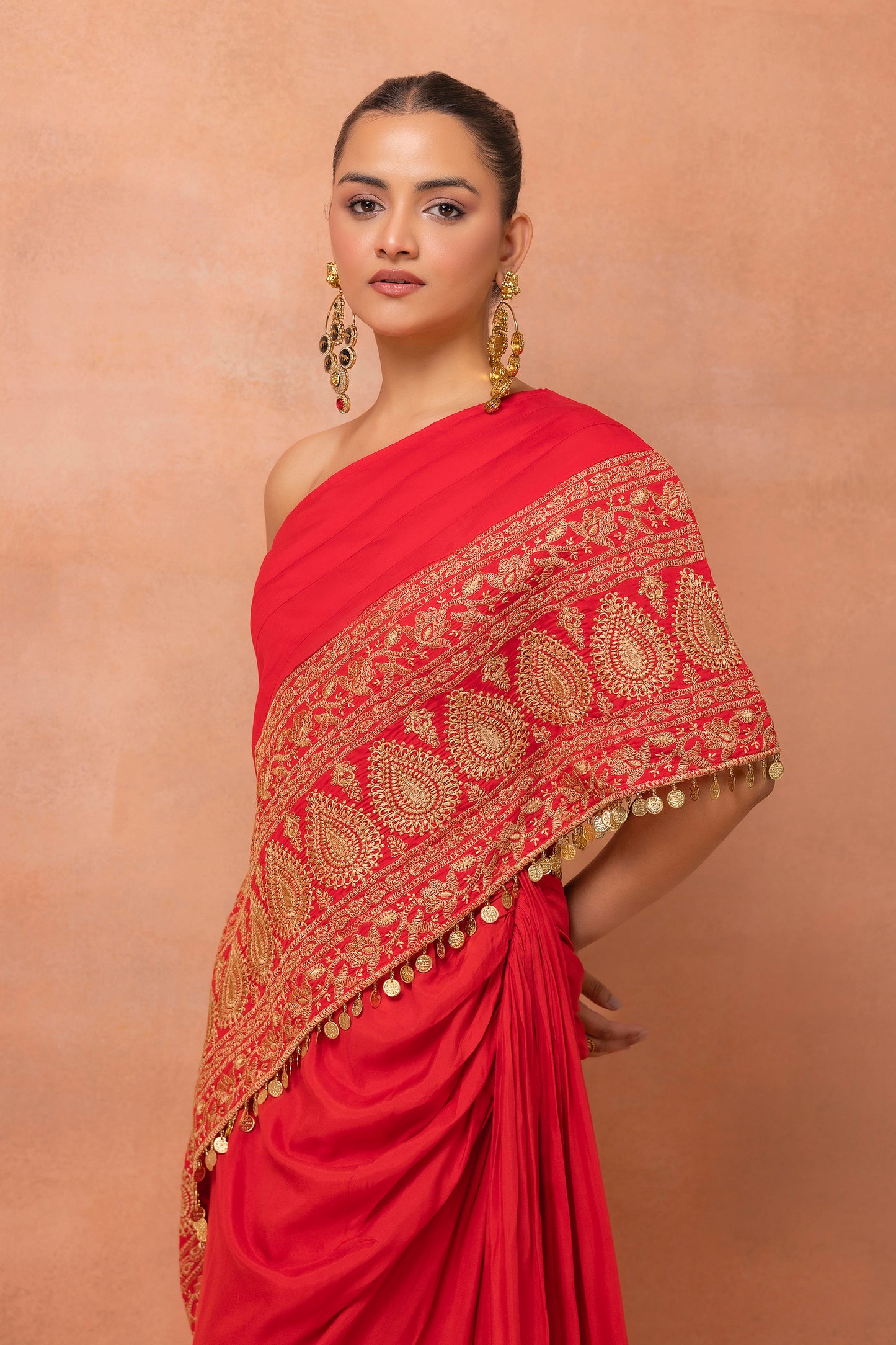 Red Embroidered Kaftan And Skirt Set