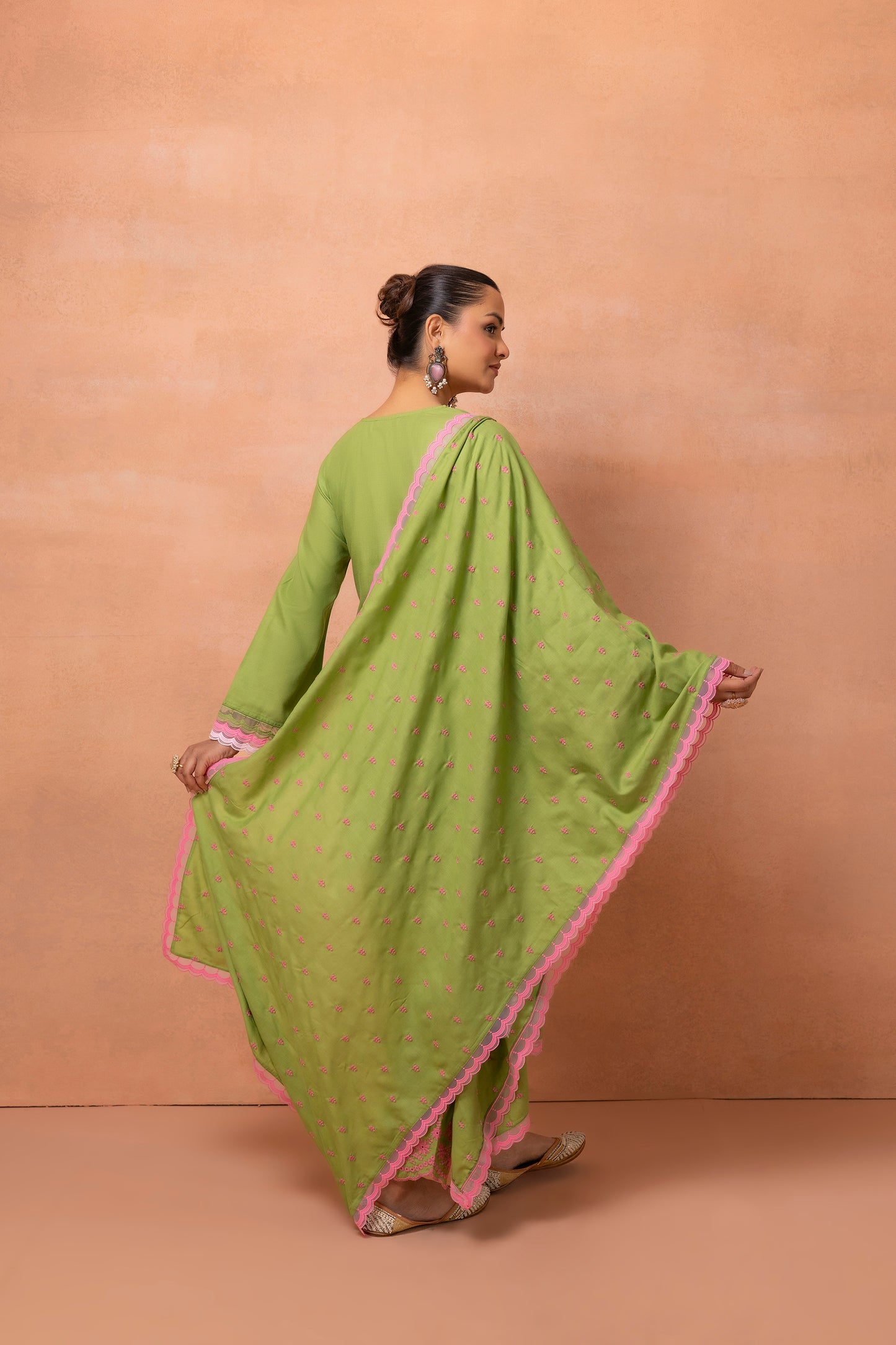 Green And Pink Embroidered Cotton Farshi Salwar Suit Set