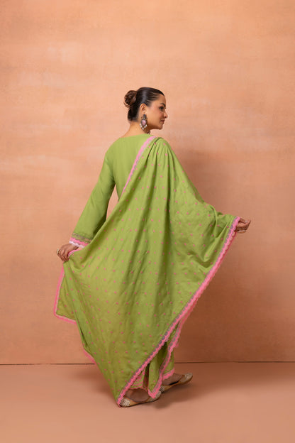Green And Pink Embroidered Cotton Farshi Salwar Suit Set