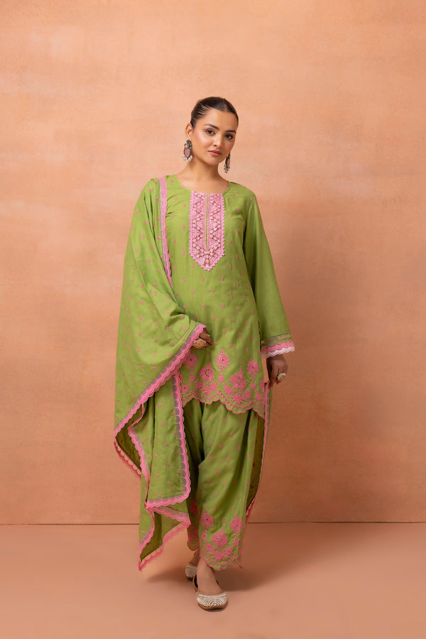 Green And Pink Embroidered Cotton Farshi Salwar Suit Set