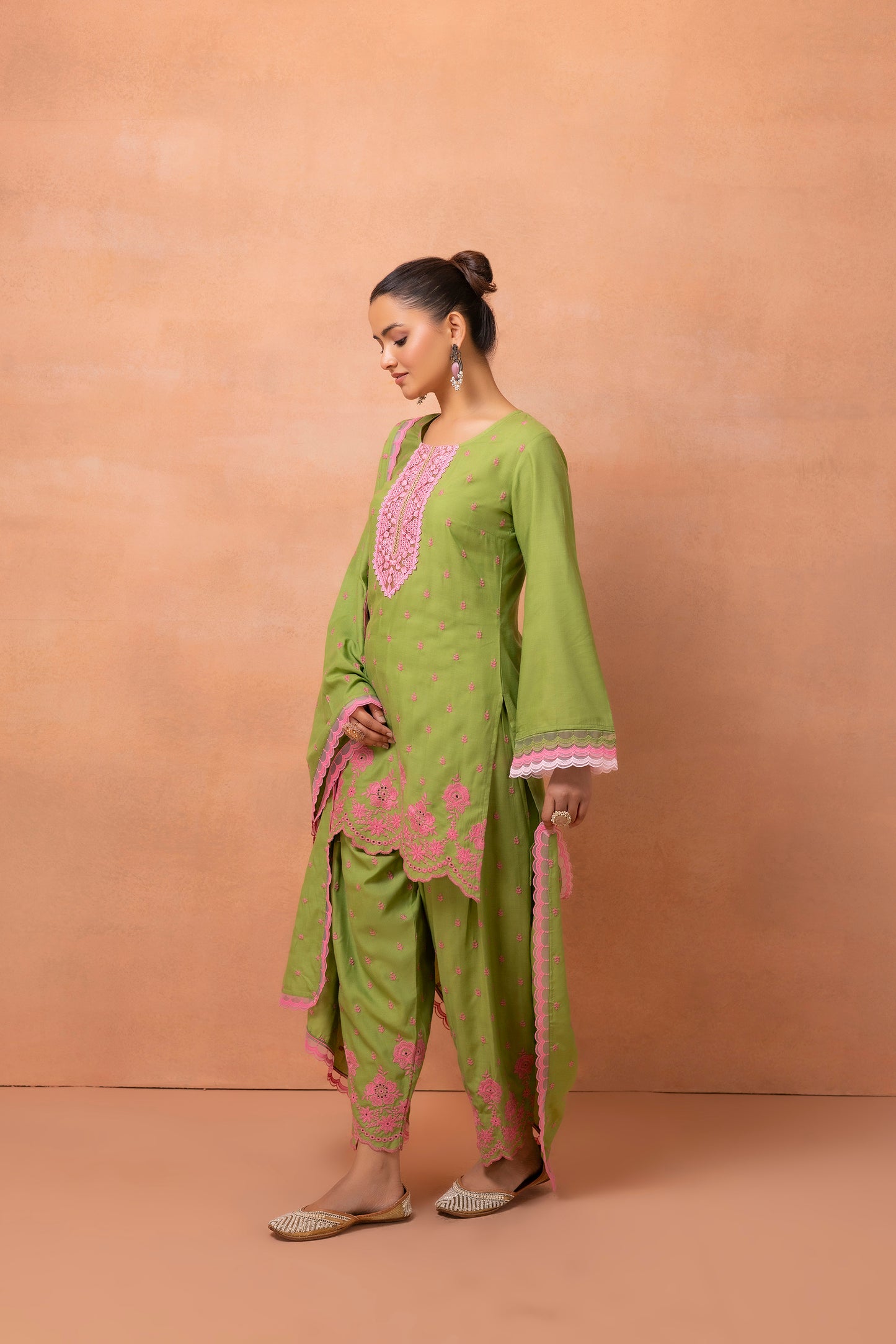 Green And Pink Embroidered Cotton Farshi Salwar Suit Set