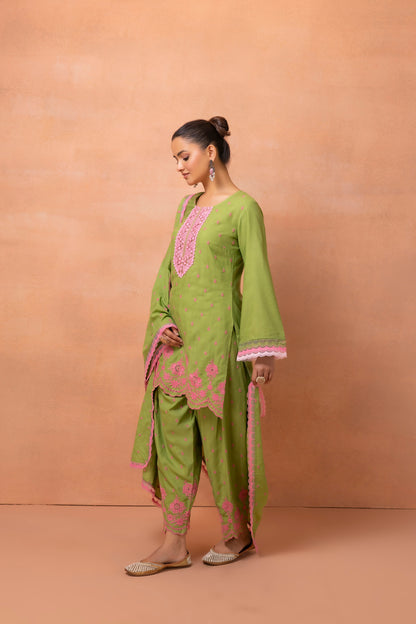 Green And Pink Embroidered Cotton Farshi Salwar Suit Set