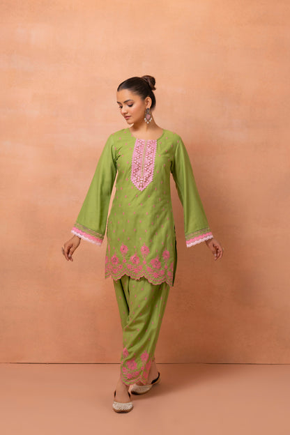 Green And Pink Embroidered Cotton Farshi Salwar Suit Set