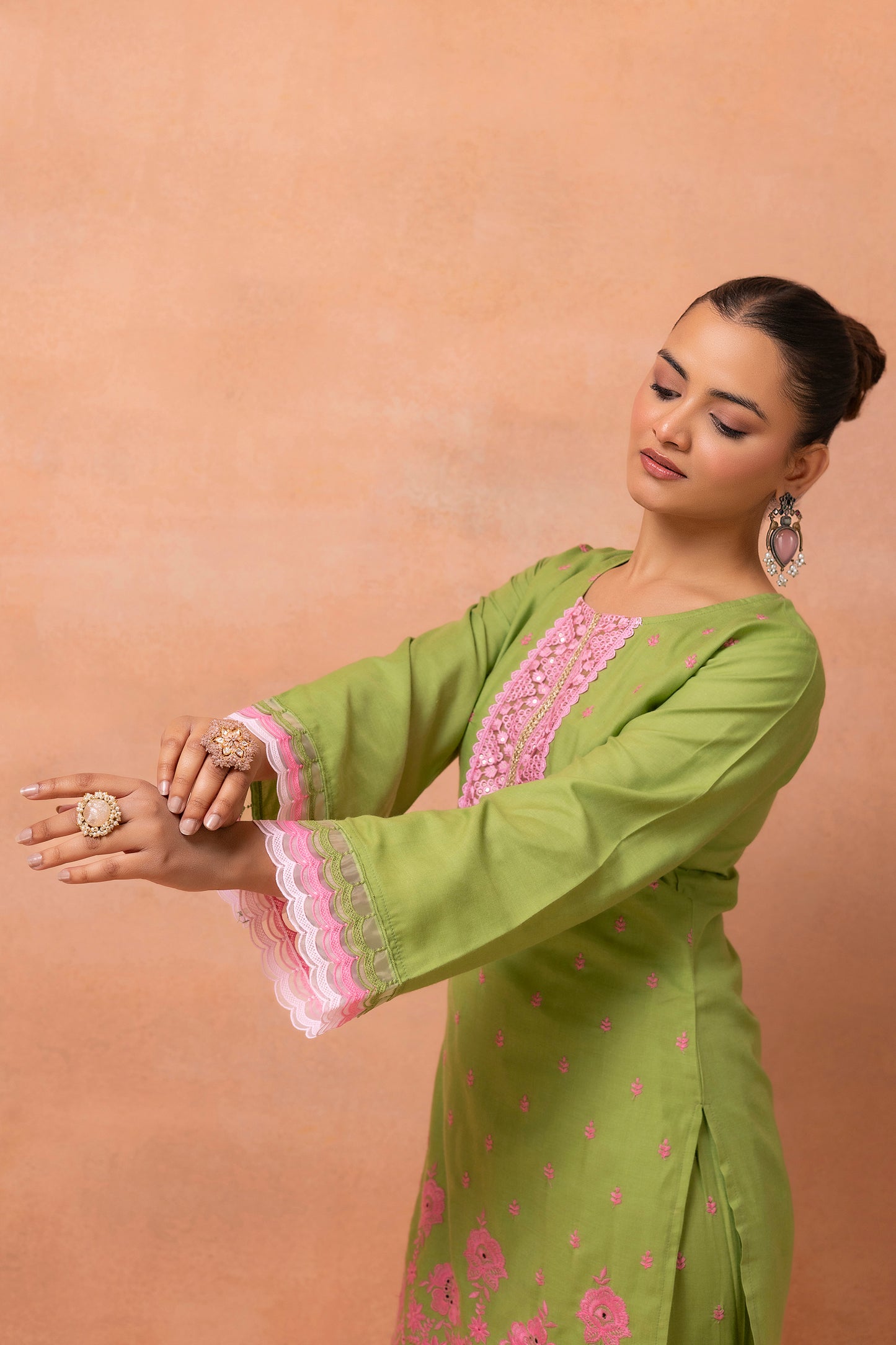 Green And Pink Embroidered Cotton Farshi Salwar Suit Set