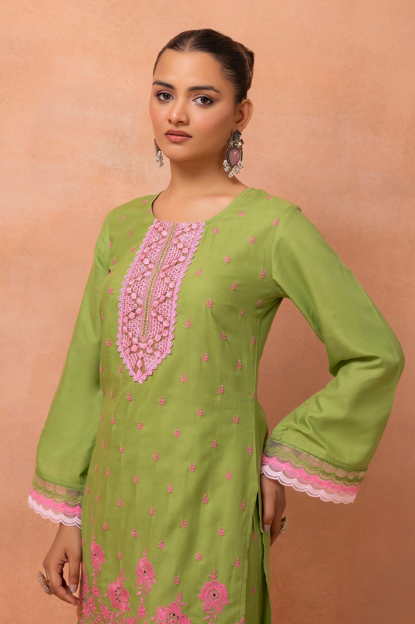 Green And Pink Embroidered Cotton Farshi Salwar Suit Set