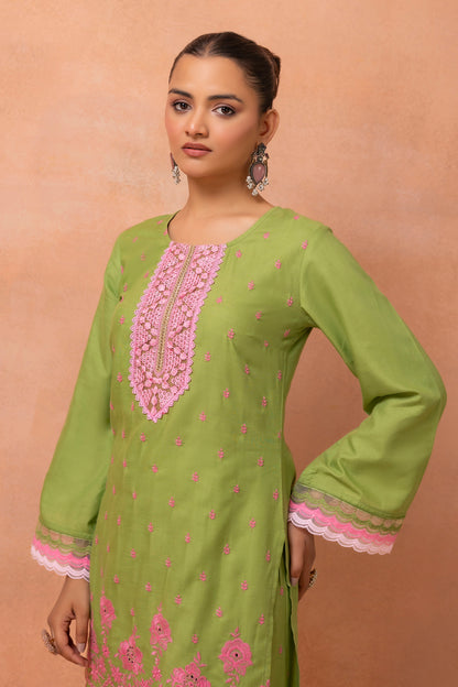 Green And Pink Embroidered Cotton Farshi Salwar Suit Set