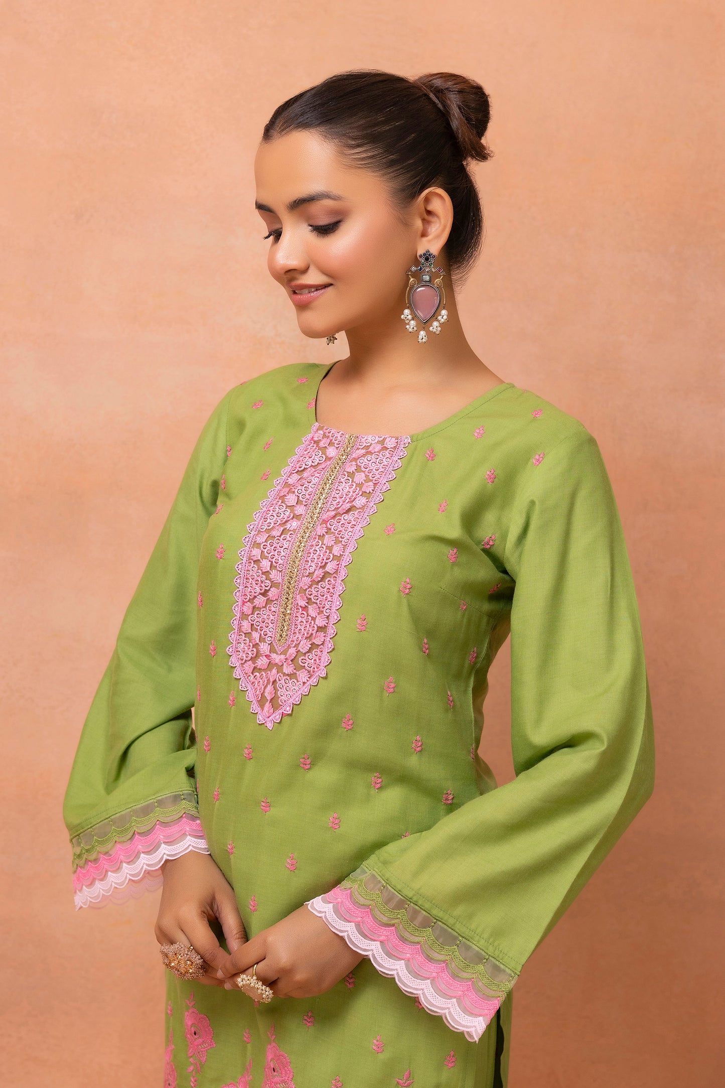 Green And Pink Embroidered Cotton Farshi Salwar Suit Set