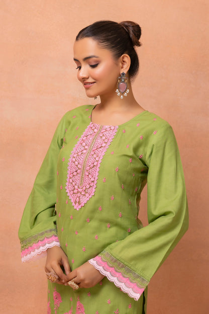 Green And Pink Embroidered Cotton Farshi Salwar Suit Set