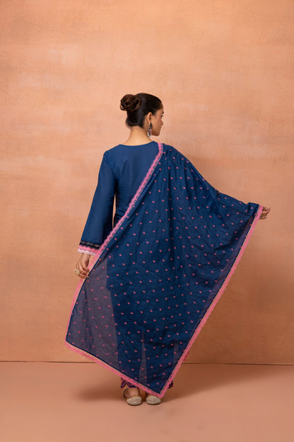 Navy Blue And Pink Embroidered Farshi Salwar Suit Set