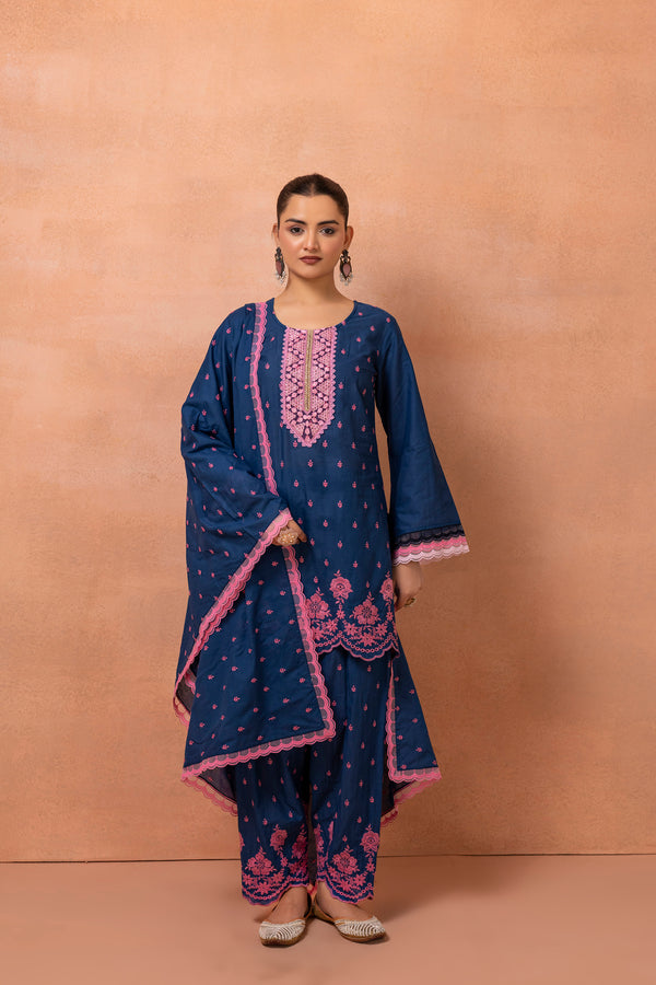 Navy Blue And Pink Embroidered Farshi Salwar Suit Set