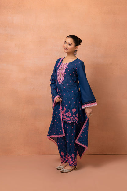 Navy Blue And Pink Embroidered Farshi Salwar Suit Set